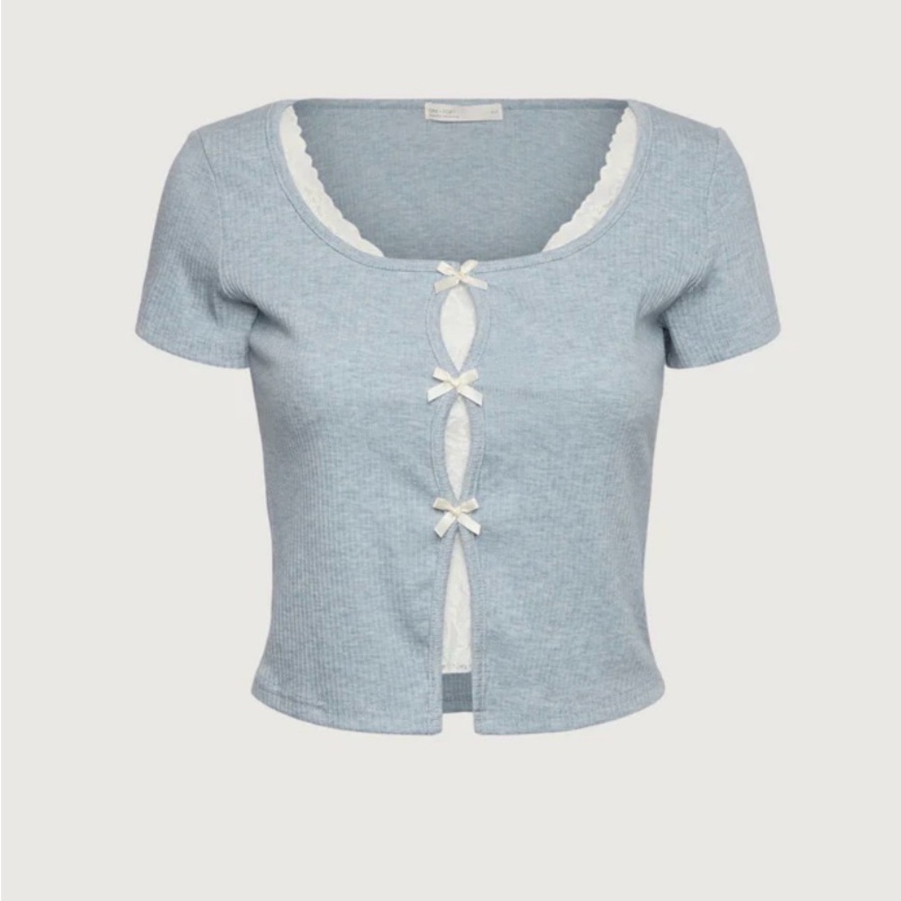 NWT OAK + FORT Light Blue Short-Sleeve Knit Crop Top with Lace Bows